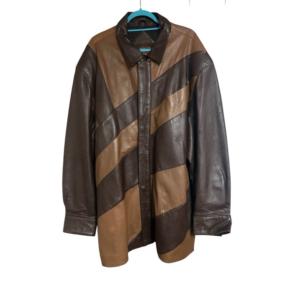 Vintage RJ Prestige Leather Coat Jacket Mens 2XL Brown Patchwork Y2K 90s